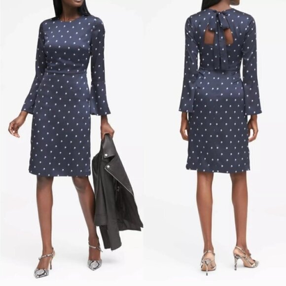 Banana Republic Navy Pearl Graphic Midi Sheath Dress Back Tie Neck Womens Size 8 - Picture 1 of 8
